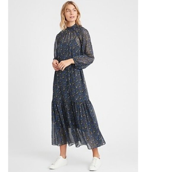 NWT Banana Republic Black/Blue Floral Velvet Dot Maxi Dress in Women's 16 - Picture 1 of 16